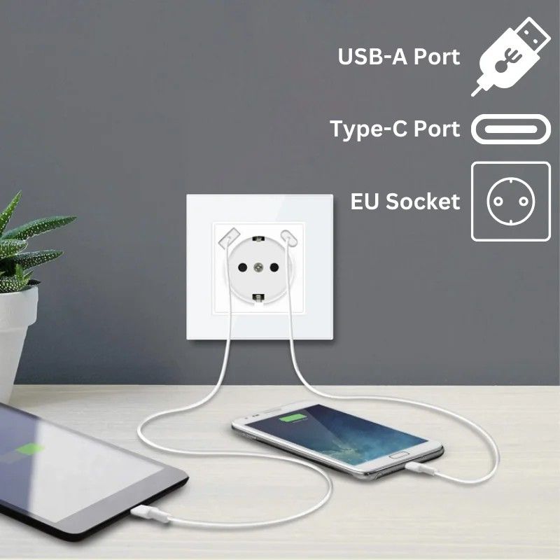 Priza rama sticla securizata, USB-A si USB-C, iUni UC1, 16A