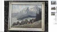 Tablou,pictura germana in ulei pe lemn,peisaj montan,rama din lemn