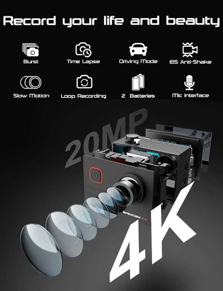 Екшан камера Apexcam X60 Pro, 4K, 60FPS, 2" LCD, Wi-Fi