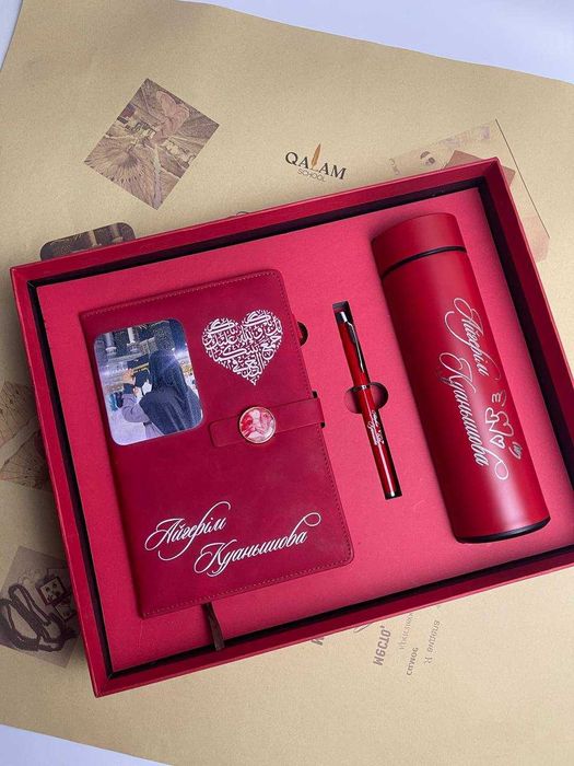 Именной подарочный набор: блокнот, термос и ручка в коробке новый год