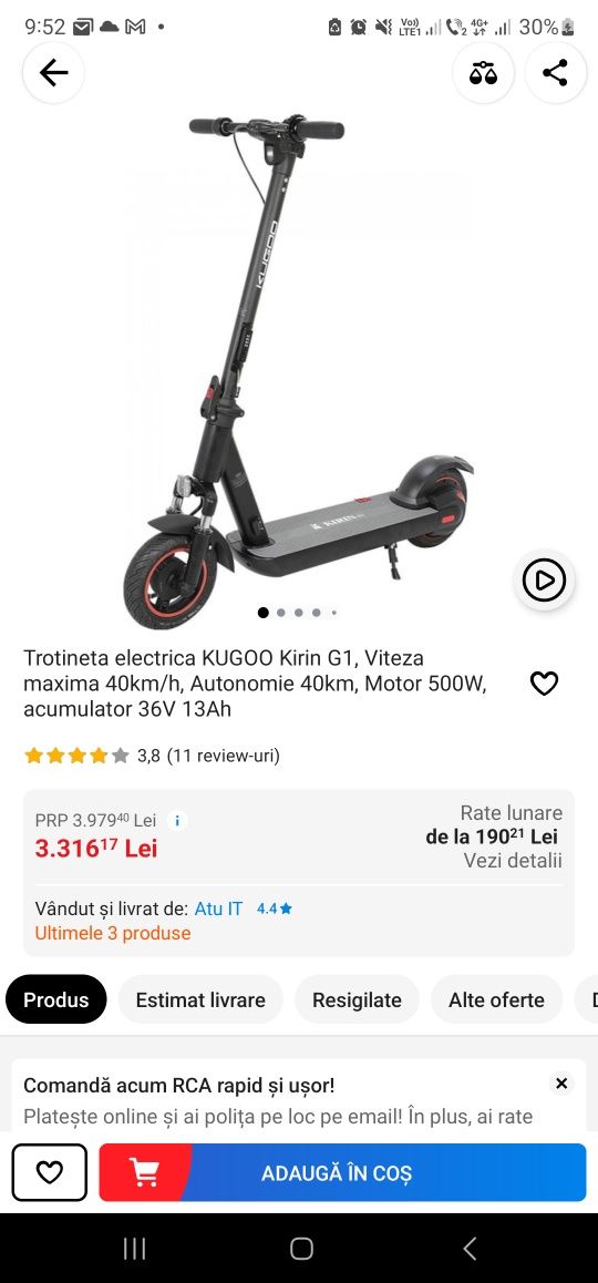 Trotineta electrica KUGOO Kirin G1, Viteza maxima 40km/h, Autonomie 40