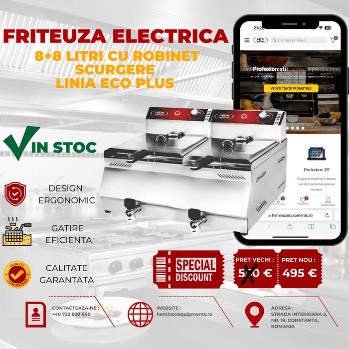 Friteuza Electrica 8 Litri, 8+8 Litri Cu Robinet Scurgere In Stoc