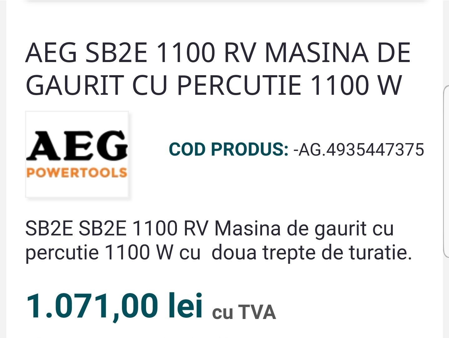 AEG - Mașina de găurit cu percuție - SB2E 1100RV