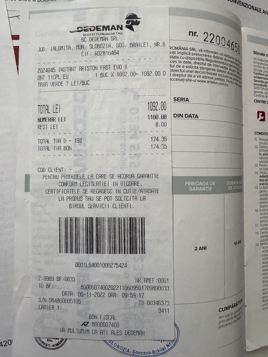 Instant Ariston pe gaz.