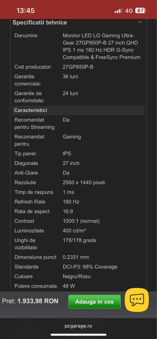Monitor LED LG Gaming UltraGear 1 an GARANTIE