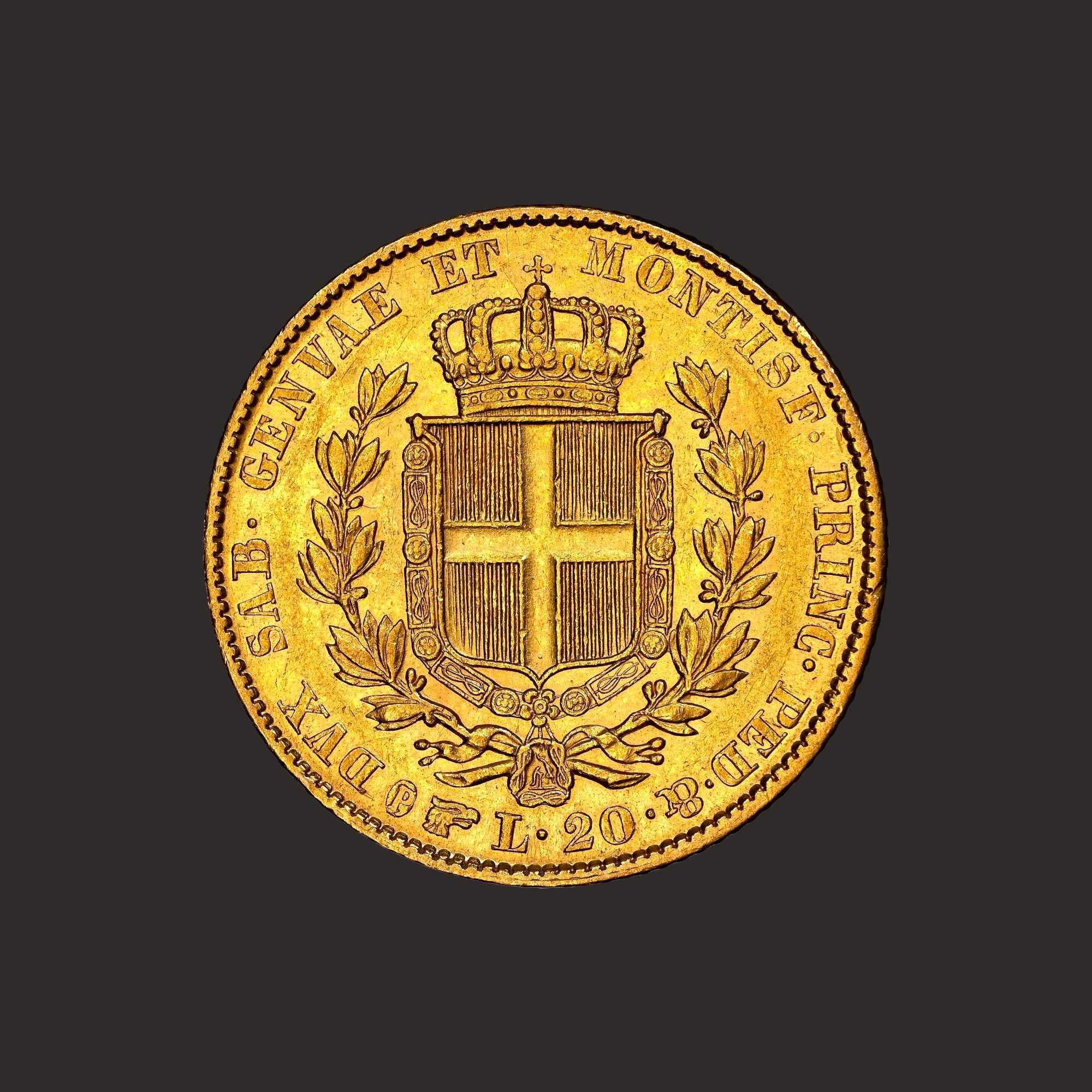 Moneda de aur 20 lire italienesti Carlo Albertus - TVA 0%-IN STOC