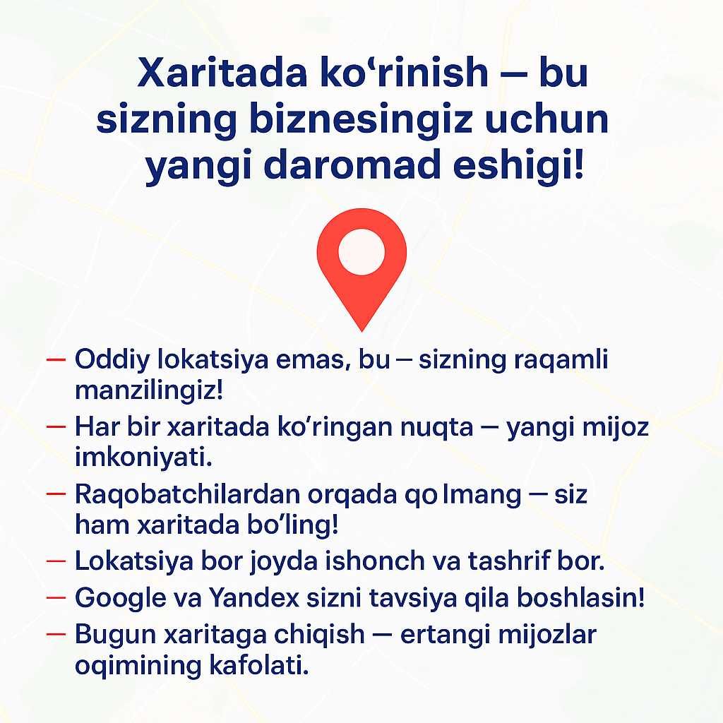 Yandeksda xaritalarida Lokatsiya qo'shish va reklama berish xizmati