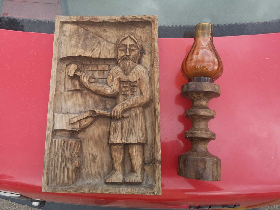 sculptura lemn fierar, lampa lemn cu lumanare