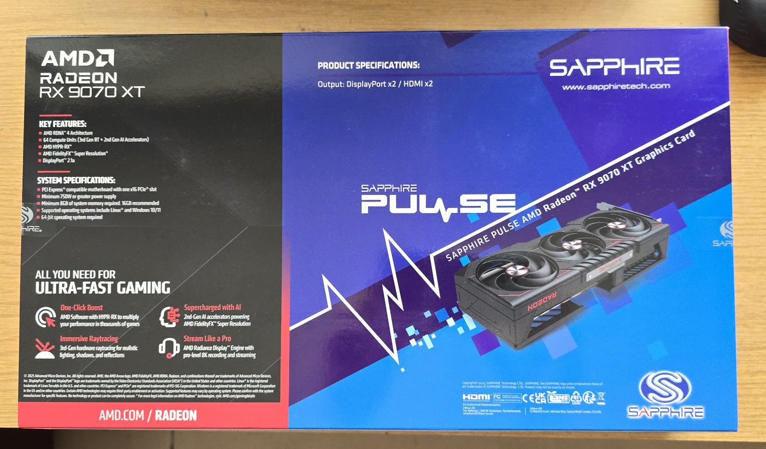 Видео карта Sapphire Pulse RX 9070 XT 16GB GDDR6 AMD, чисто нова