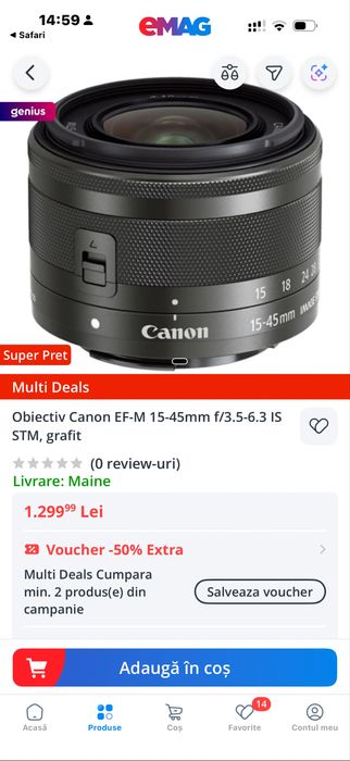 Obiectiv foto video Canon EF M 15-45 mm stare noua