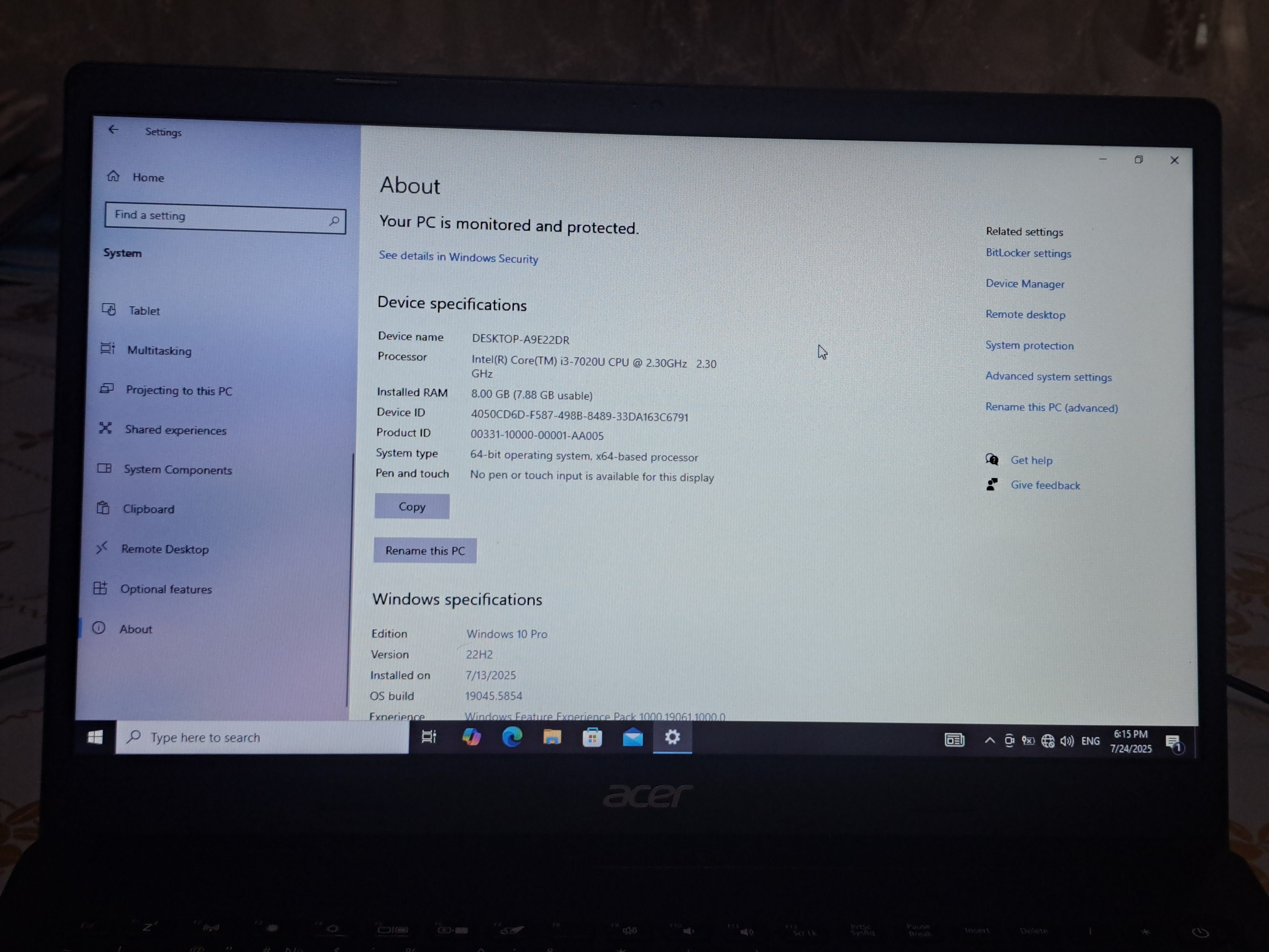 Acer Aspire 3 (i3 7020u 2.30GHz, 8GB DDR4, 256GB SSD, GEFORCE MX130)