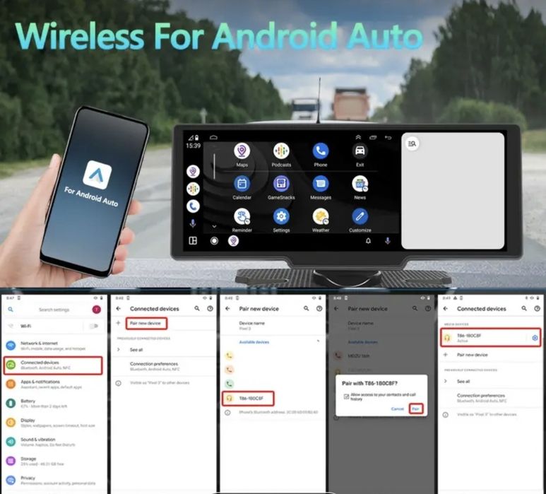 Безжичен CarPlay Android Auto + Камера