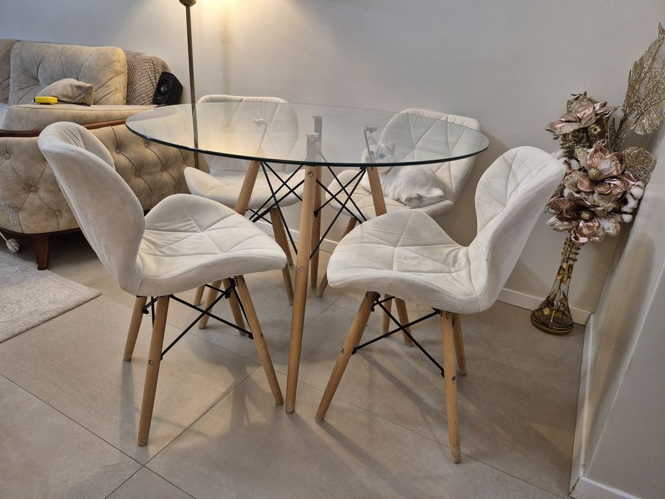 Set complet de 4 Scaune Bej Crem & Masa Sticla 100cm Pachet!
