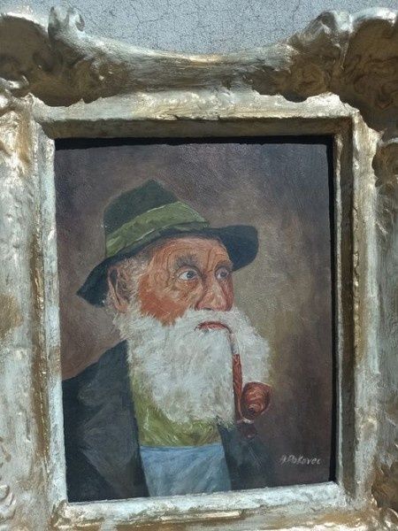 Pictura veche ulei pe lemn portret bătrânel cu pipa, lucrare semnată d