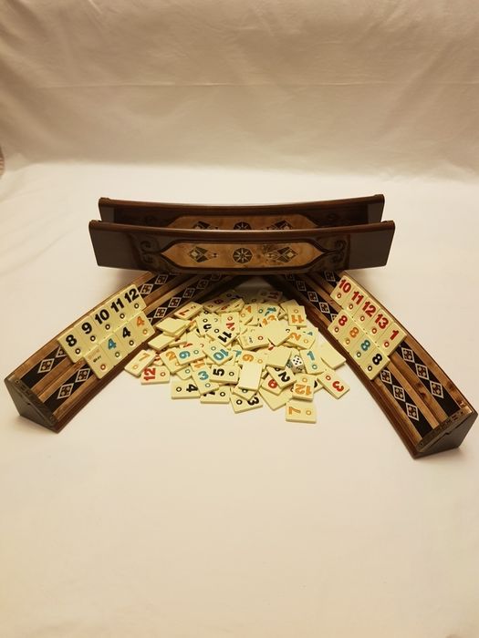 Joc remi, rummy din lemn masiv si sidef sculptate manual. 2643