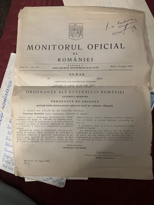 Monitorul Oficial al României – 31 august 1993 (Ordonanța TVA)