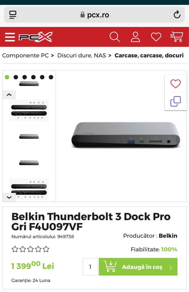 Belkin Thunderbolt 3 Dock Pro Gri F4U097VF Nou Transport inclus