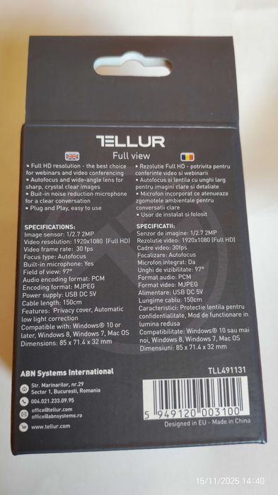Camera web Tellur Full HD, 2MP cu autofocus și microfon