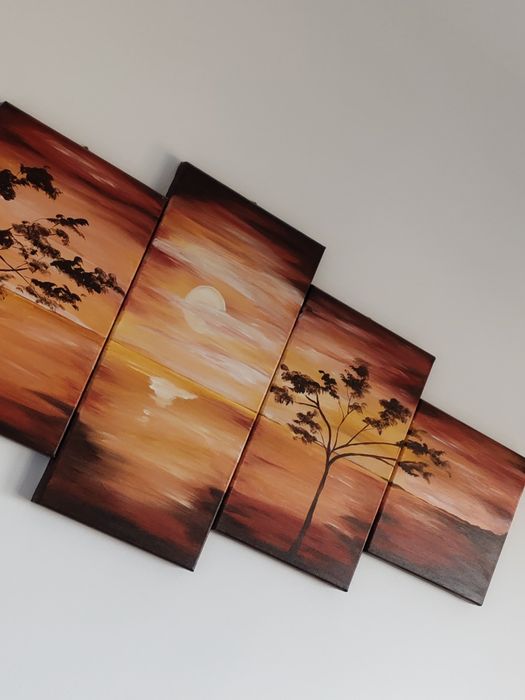 Tablou 5 piese pictat manual Apus în Africa