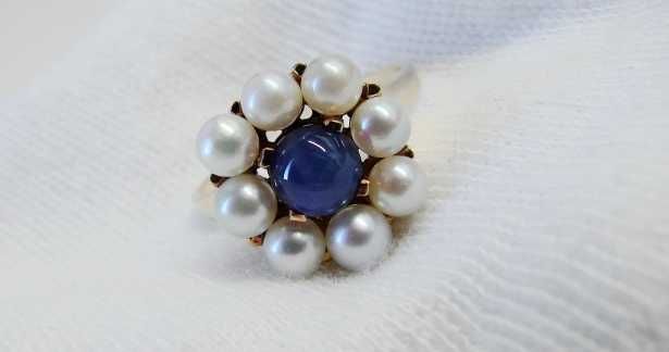 Inel Aur 14K Cu Perle Si Safir Stelat Floral