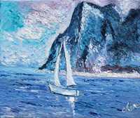Картина с маслени бои върху платно "Кораб и планините" 25х30 см