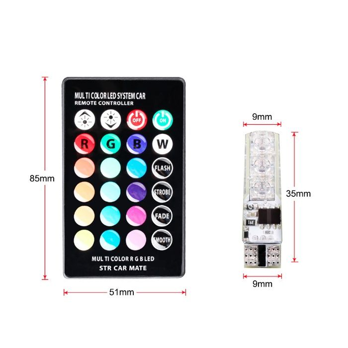 Becuri LED w5w T10 RGB cu telecomanda si functie stroboscop