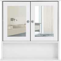 Шкаф за баня с огледало 2 врати бял, 56х13х58 см