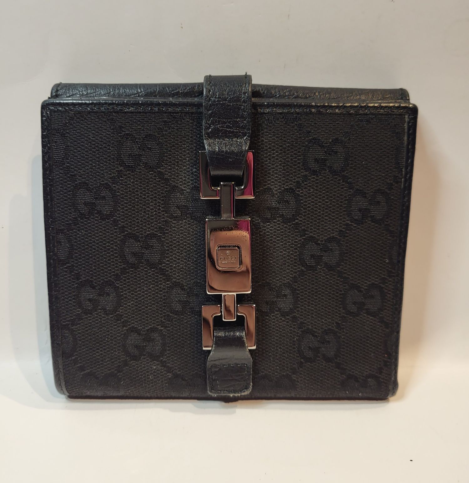 Portofel GUCCI Jackie Bifold Autentic GG Canvas  si Piele Neagra