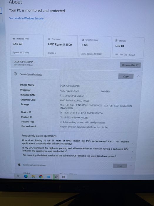 Pc gaming Ryzen 5 5500 Rx 6600