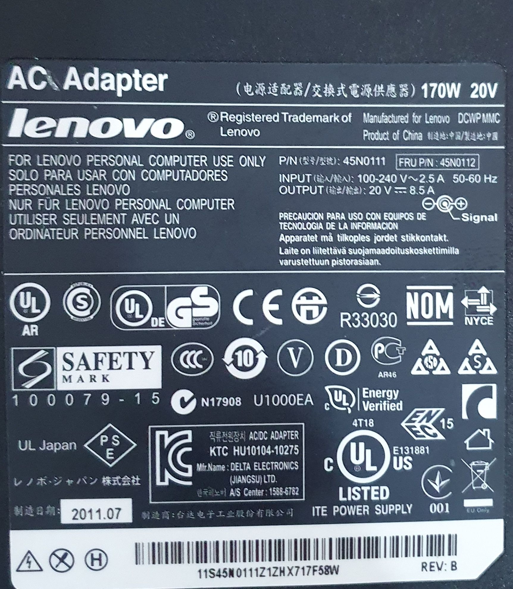 Încarcator laptop 20V 8.5A 170W Lenovo ThinkPad T420 T430 T520 T530 W5