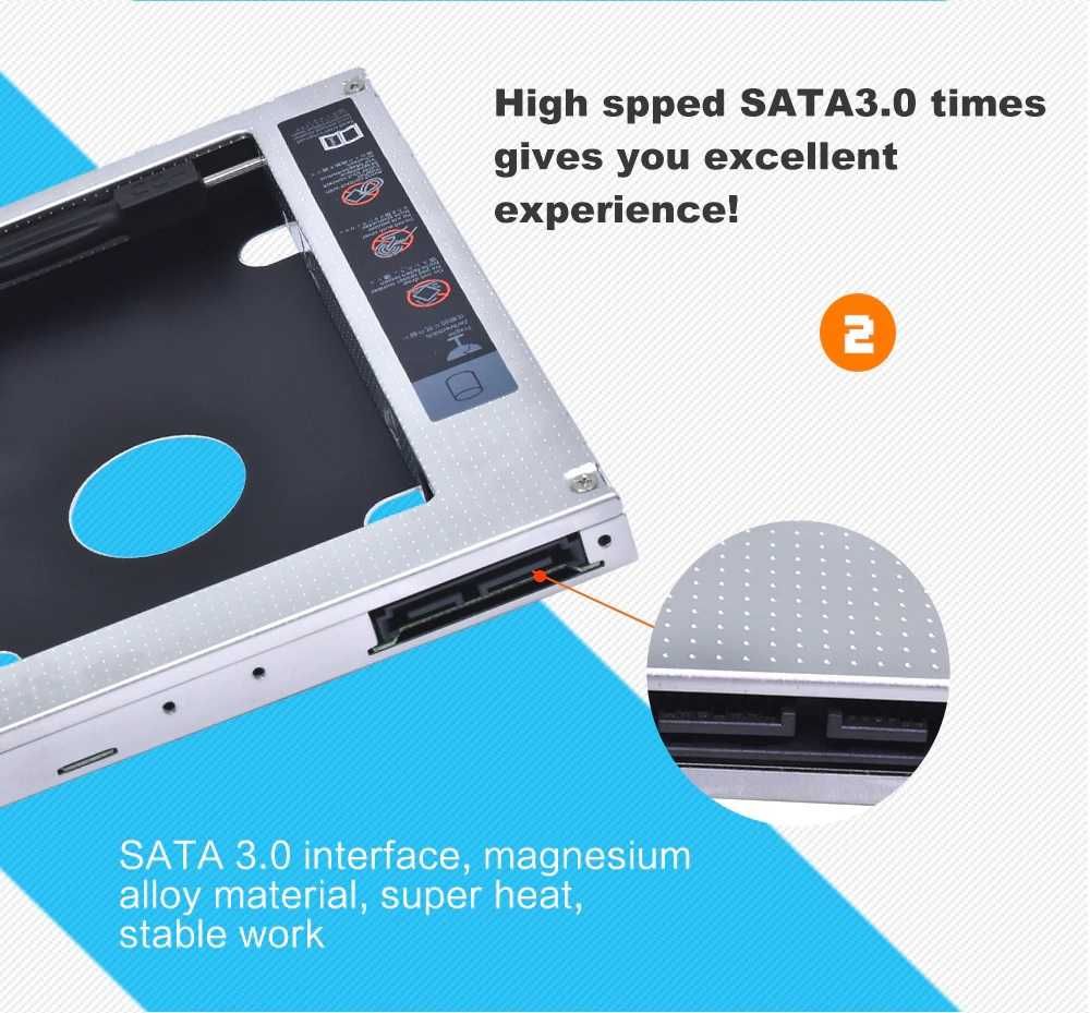 Адаптер Caddy 9.5 и 12.7мм SATA III адаптер втори хард диск SSD лаптоп