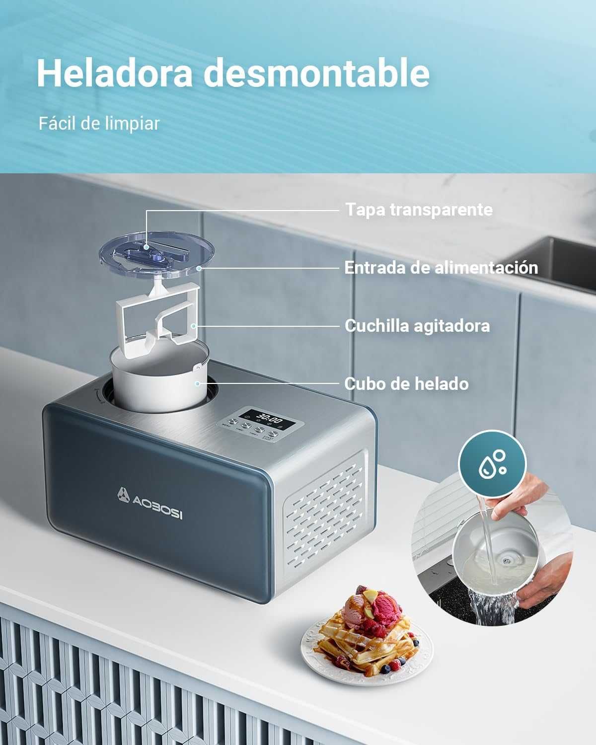 Машина за сладолед Aobosi 1.5L Мощен компресор за бърз сладолед 150W