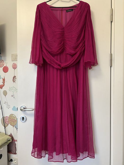 Rochie midi magenta din matase naturala, maneci evazate hand made