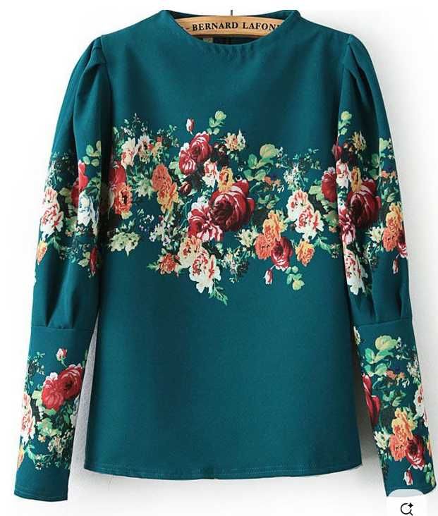 Bluza turcoaz cu maneca lunga imprimeu floral