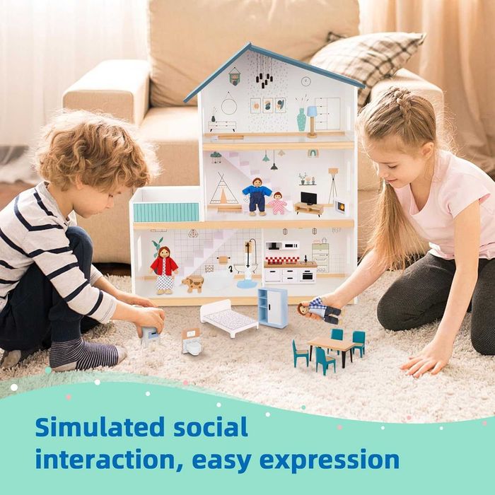 Дървена къща за кукли OOOK с комплект мебели, 4 семейни кукли и куче