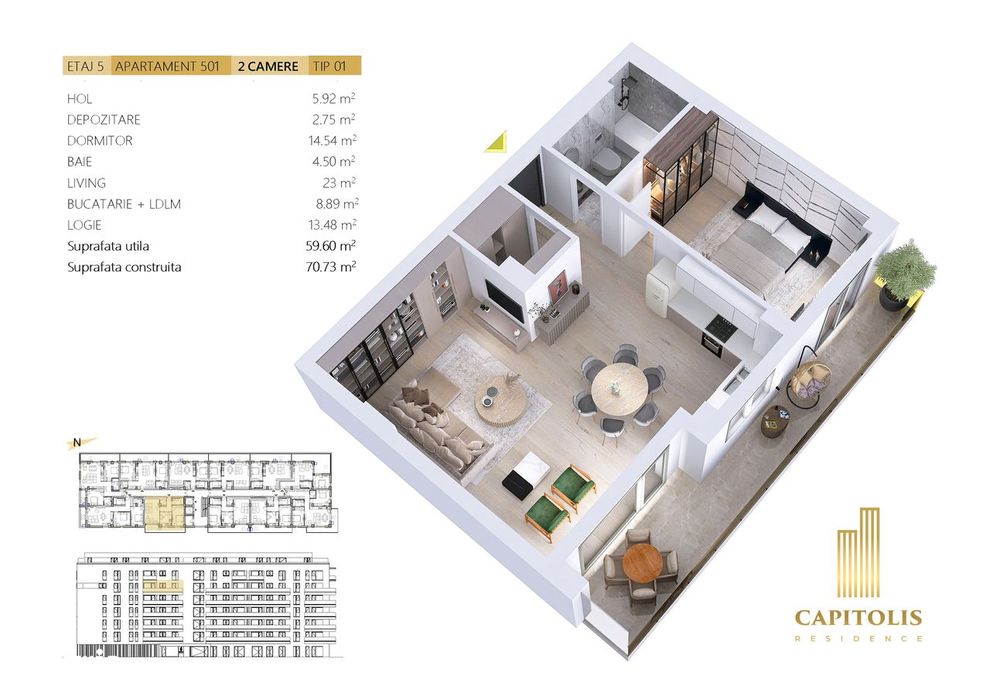 Apartament 2 camere cu terasa, etaj intermediar, Capitolis Residence