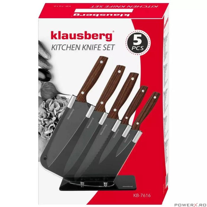 Set 5 cutite, cu suport negru, maner din lemn, Klausberg