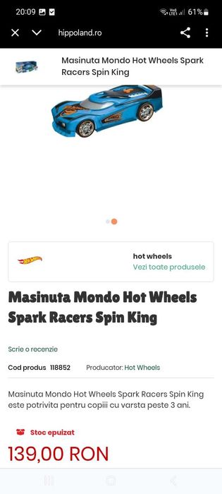 Mașinuță hot wheels spark racers