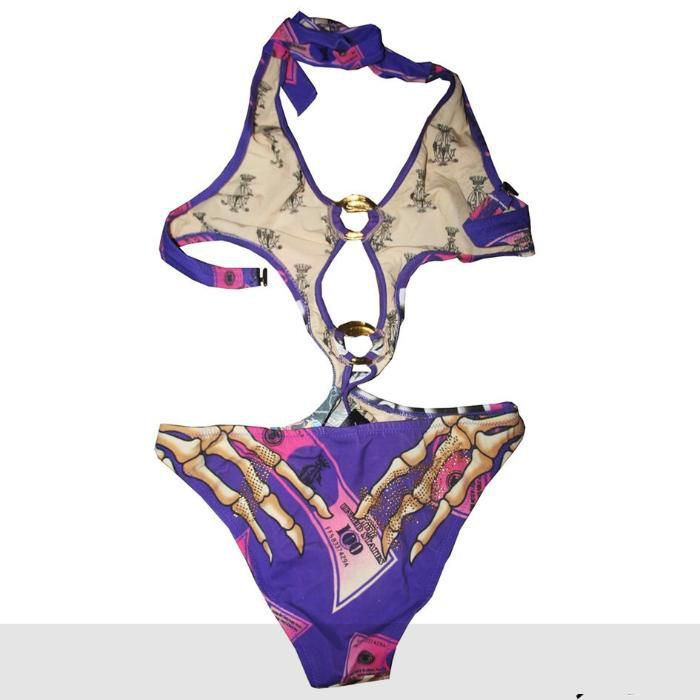 Costum de baie intreg monokini alb/mov cu imprimeu model geometric