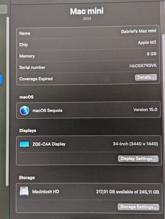 Apple MacMini M2 8Gb 256Gb macos Sequoia 15