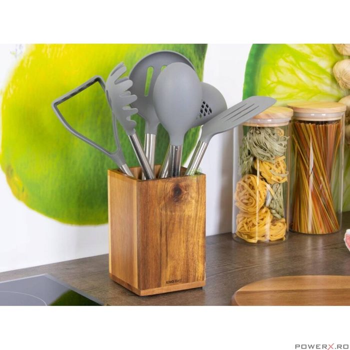 Set ustensile de bucatarie din 7 elemente cu recipient, silicon, inox,