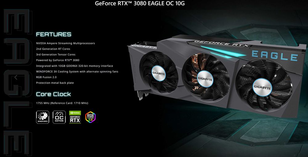 ТОП състояние Видео карта GPU GIGABYTE RTX 3080 EAGLE OC 10G GDDR6X