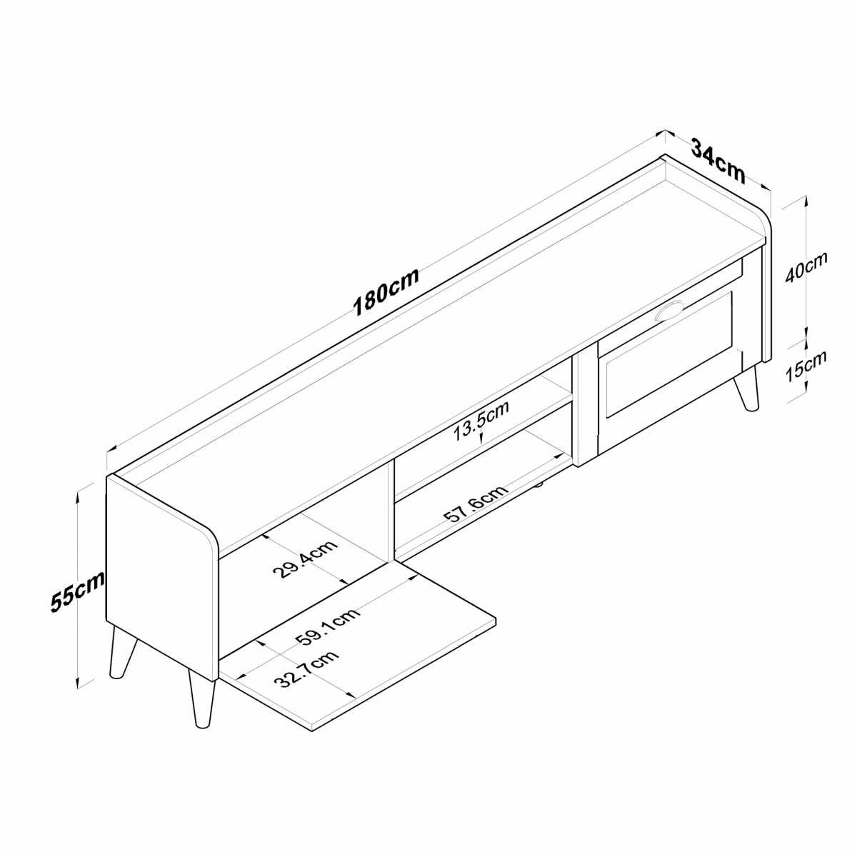 TV шкаф Puzzle-home 2556, Бял-орех, 180х55х34см. MDF