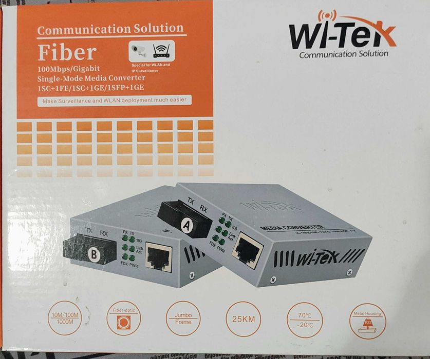 Медиа конвертор за пренос на Ethernet по оптичен кабел до 25 км Wi-Tek