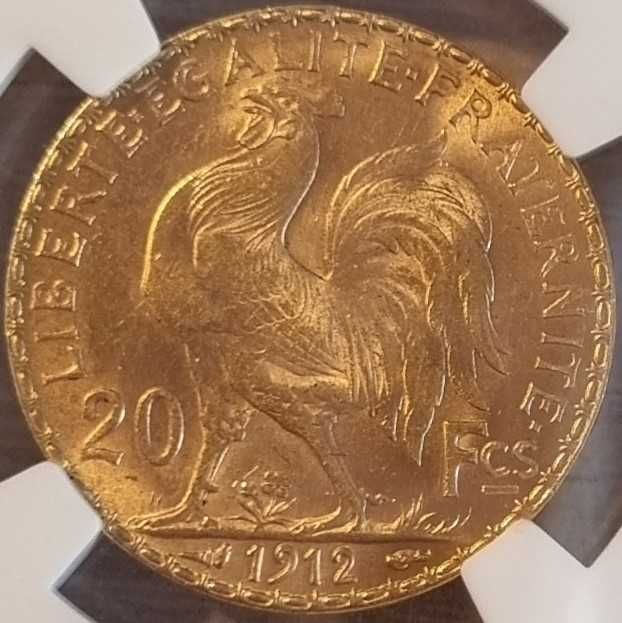 Moneda aur 20 franci francezi 1912, gradata NGC MS 64.