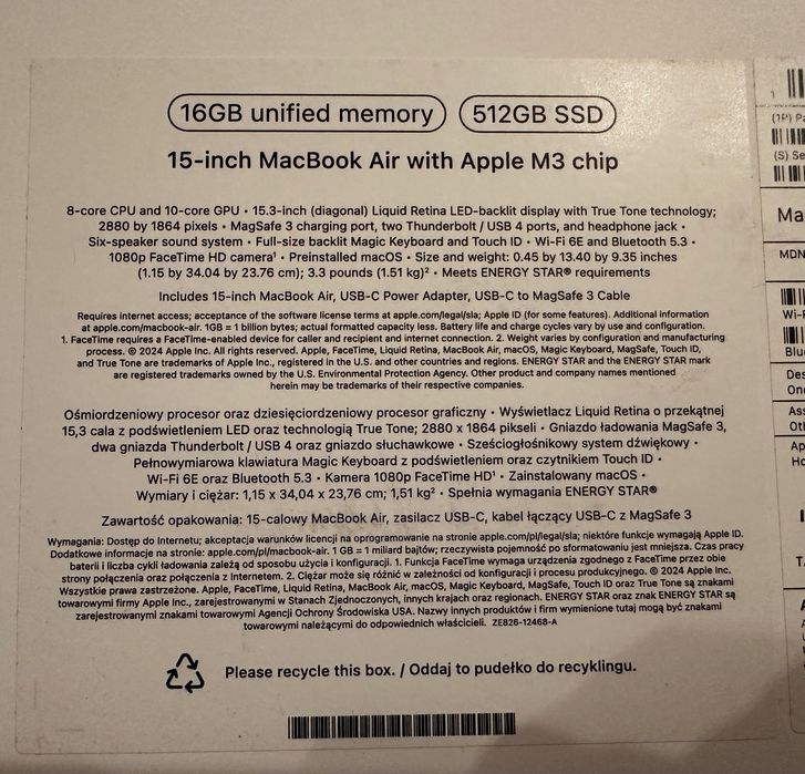 Бартер! 100% Батерия, Macbook M3 Air 15” 16gb/512ssd, Midnight Blue