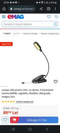 Lampa LED pentru citit, cu clema, 3 intensitati lumina 6500K, reglabil