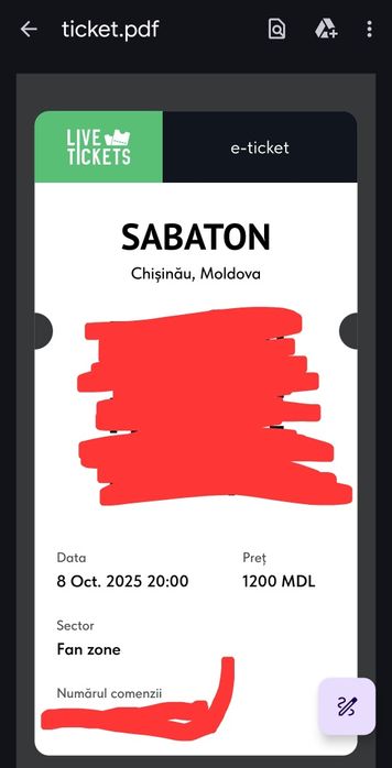 Bilet Sabaton, Chișinău, 8 octombrie