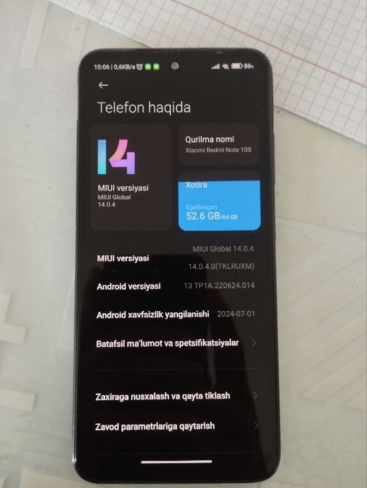 Redmi not 10 s.  xotira:6+3/64