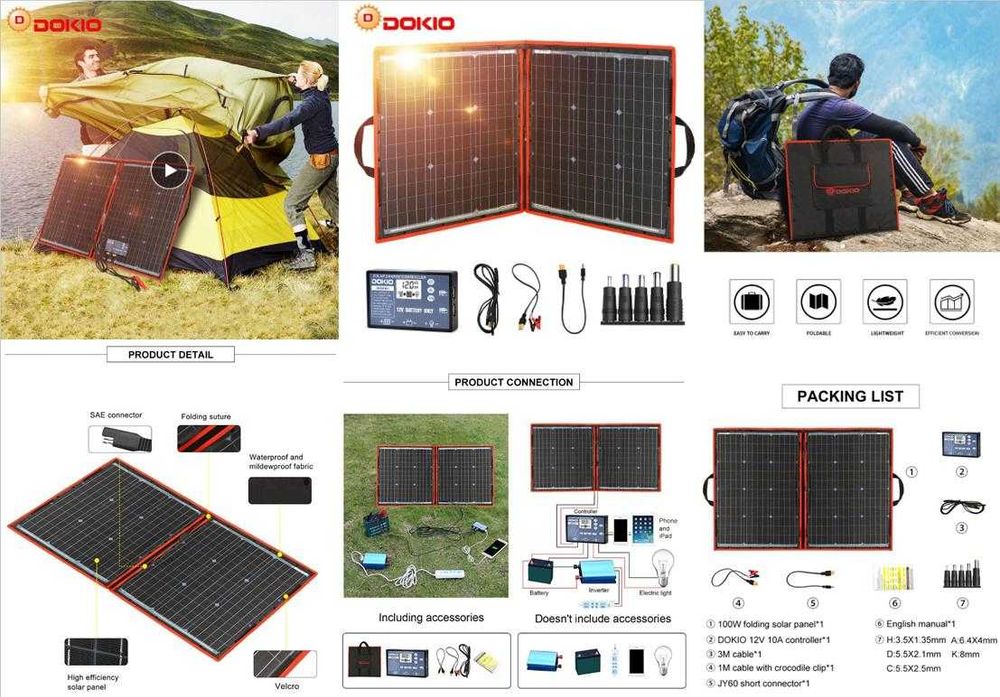 DOKIO™ 18V 110W Двоен Сгъваем Слънчев Панел 12V 10A Соларен Контролер
